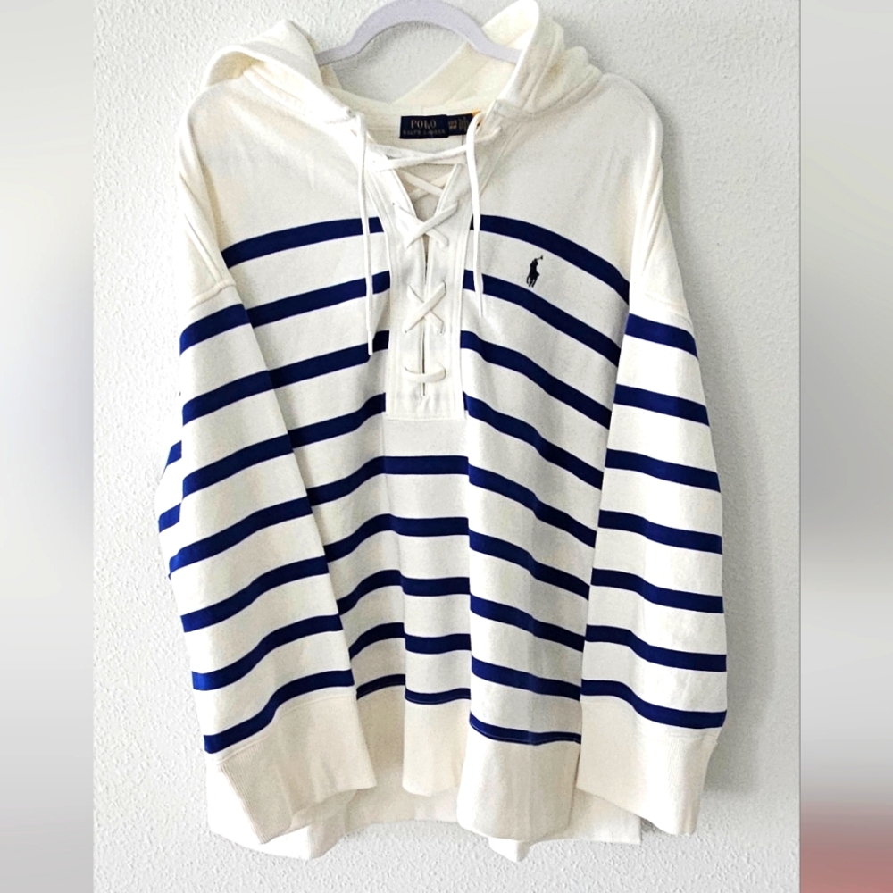 Sz XS/S- Ralph Lauren Polo Women's Striped Oversize Fleece Hoodie White Blue